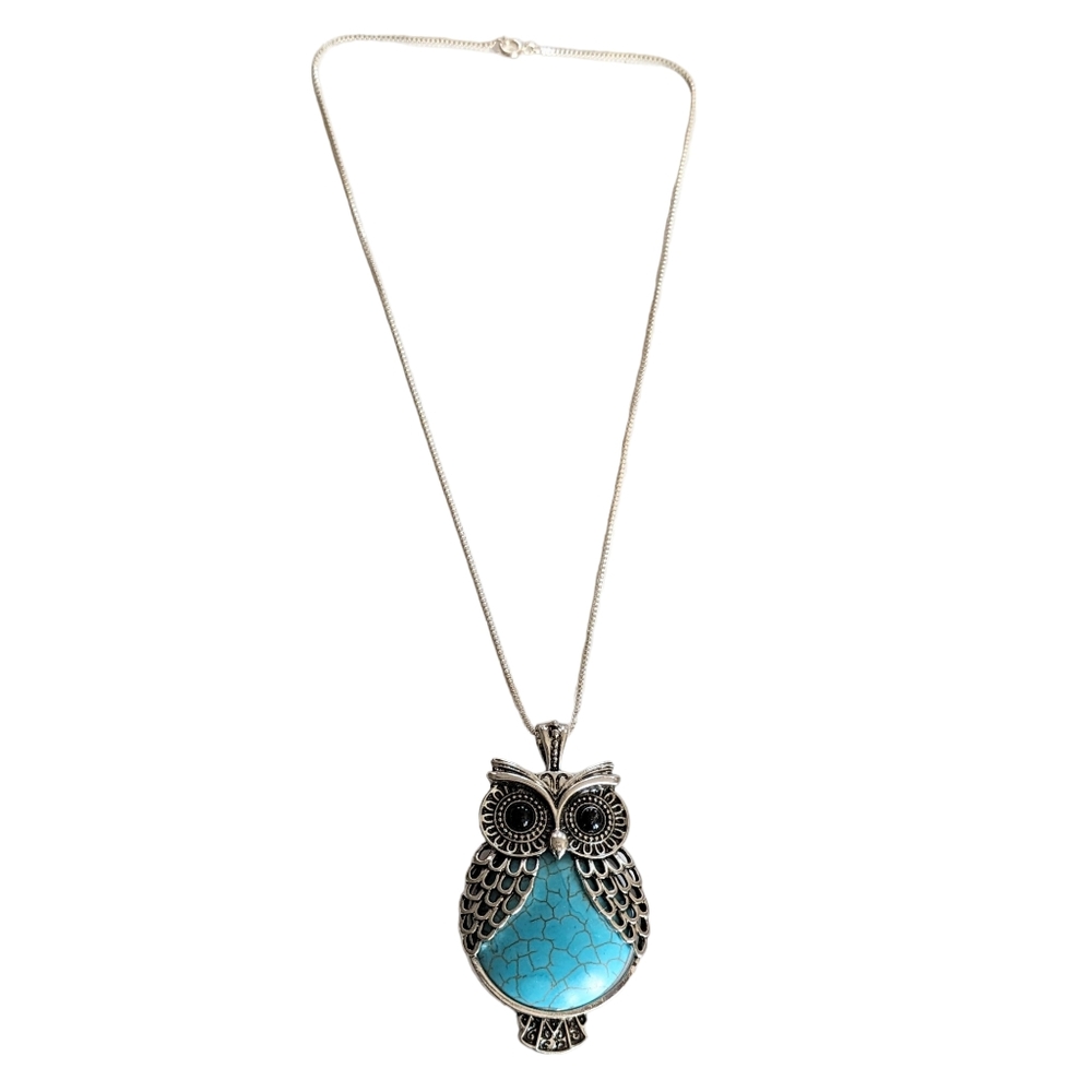 Silver Owl Pendant Necklace with Turquoise Accent